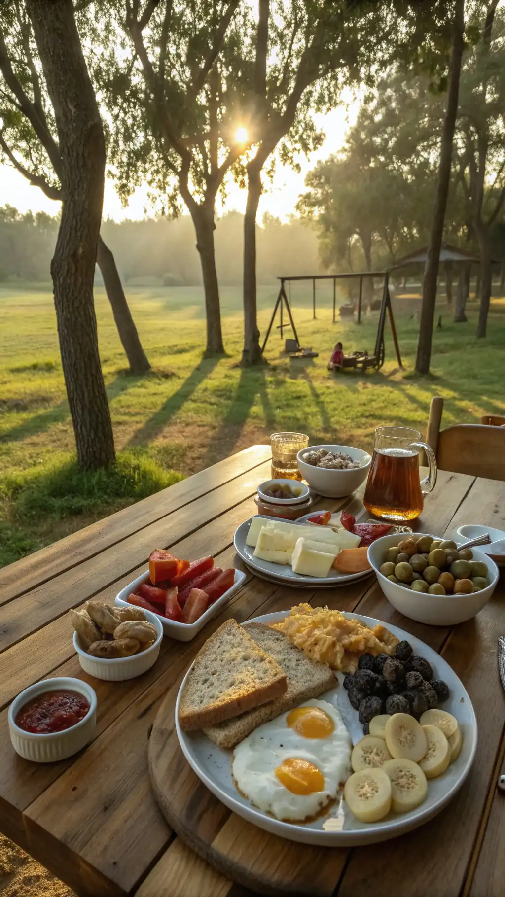 Rootsfarm'da altın ışıkta kahvaltı masası, arkada çocuk oyun alanı