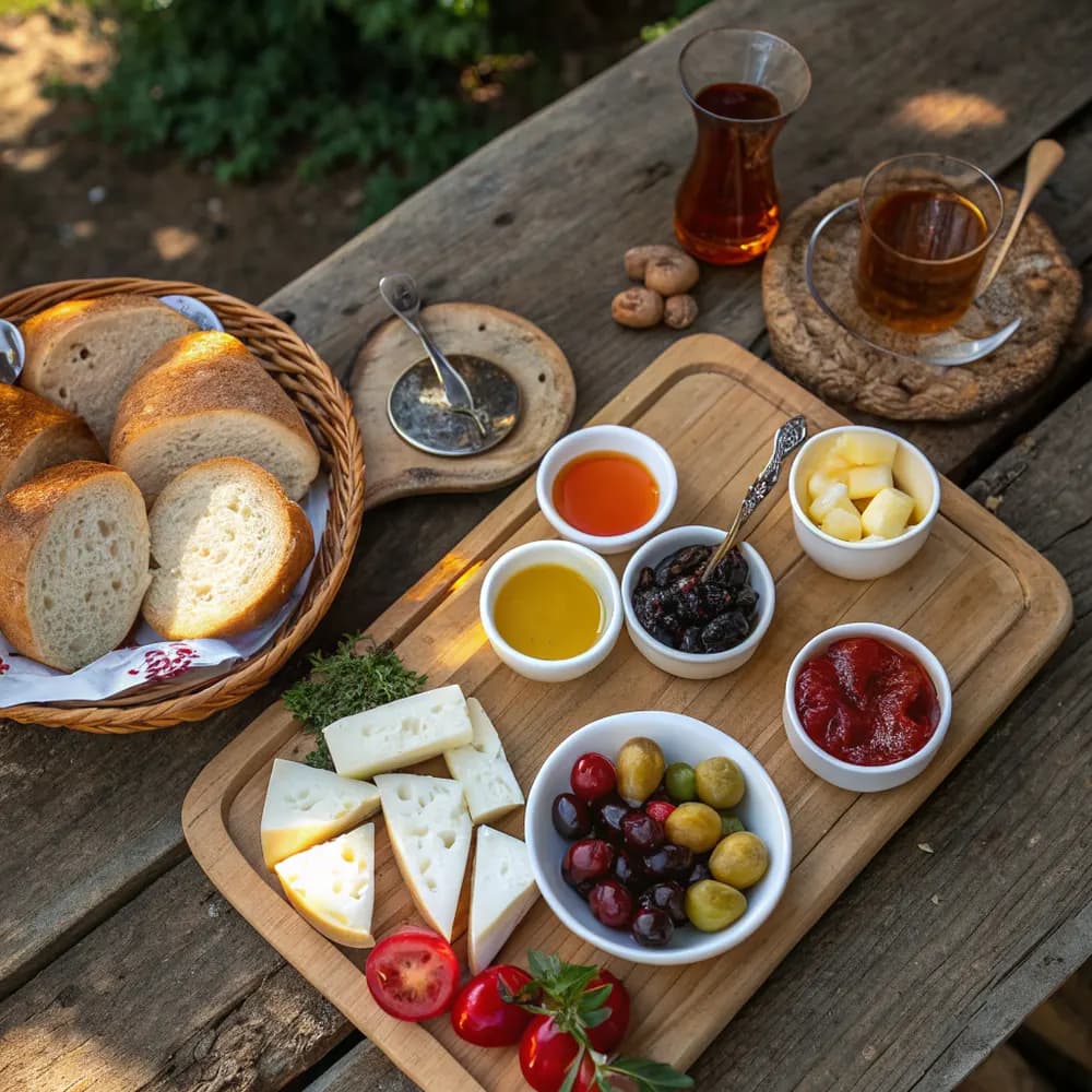 Rootsfarm kahvaltı sofrası — doğal ürünlerle donatılmış serpme kahvaltı