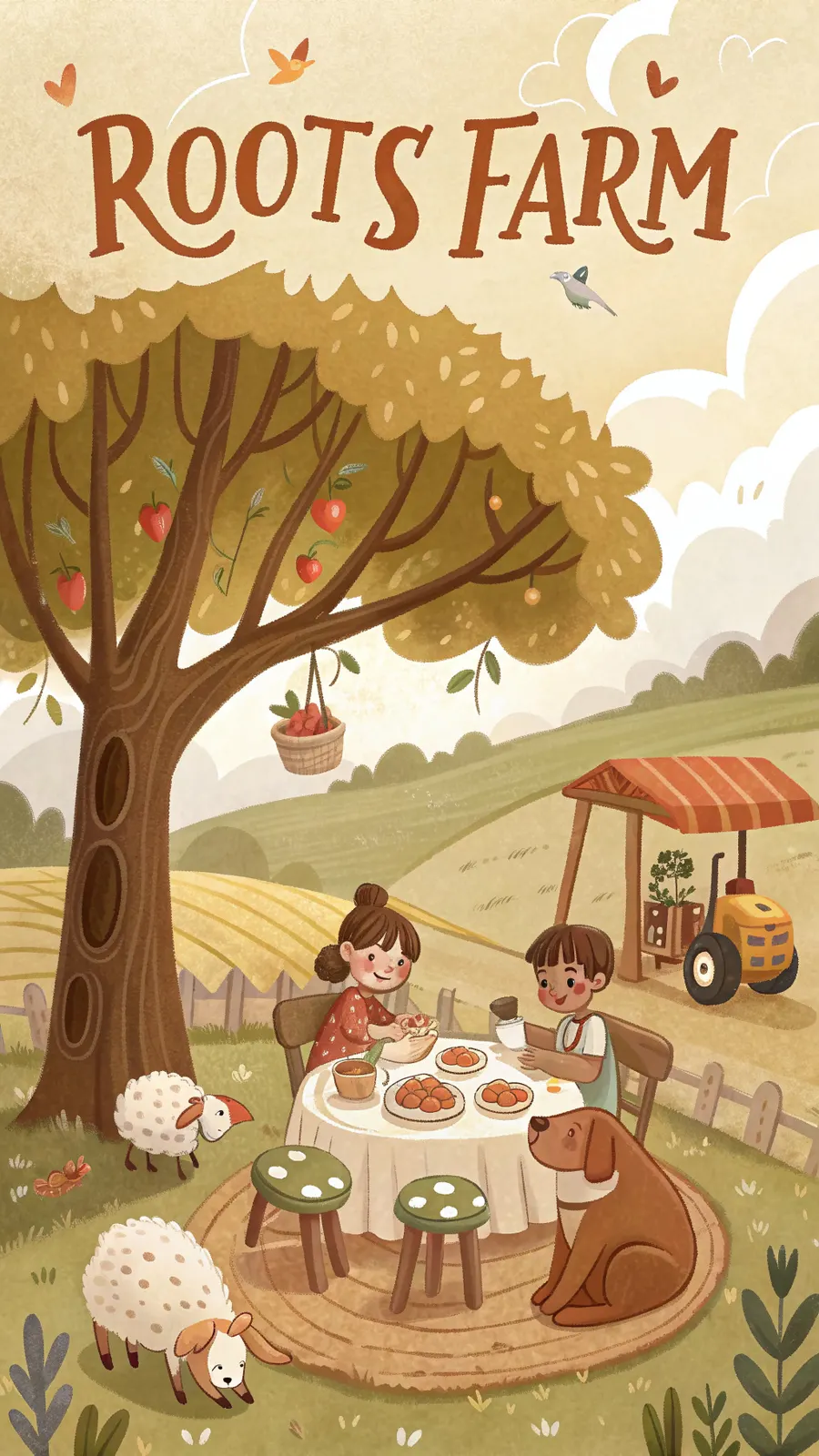 ROOTSFARM el yazılı illüstrasyon poster — çiftlik, ağaçlar ve hayvanlar